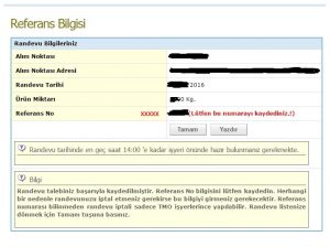 Bu ekranda gidiğimiz randevu bilgilerini son kez kontrol ettikten sonra onaylıyorum butonuna tıklıyoruz ve karşımıza aşağıdaki gibi bir ekran çıkıyor.