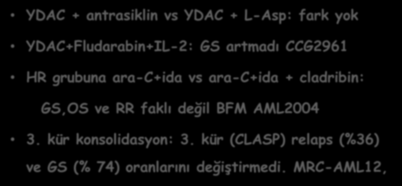 Konsolidasyonu iyileştirmek YDAC + antrasiklin vs YDAC + L-Asp: fark yok YDAC+Fludarabin+IL-2: GS artmadı CCG2961 HR grubuna ara-c+ida vs ara-c+ida