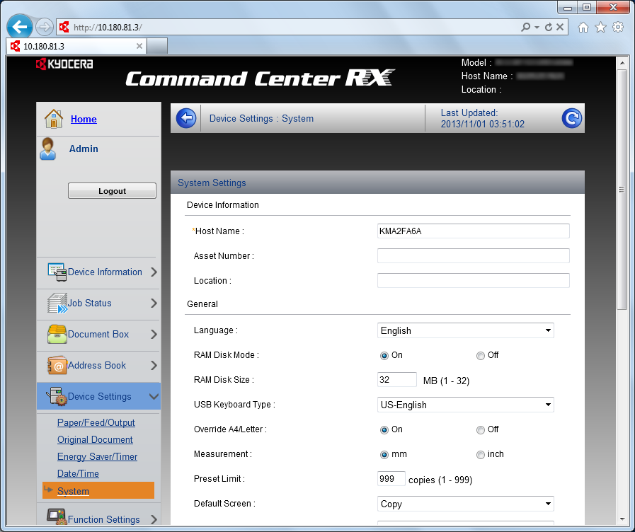 Makinenin Kurulması ve Ayarlanması > Command Center RX Cihaz Bilgisinin Değiştirilmesi Makinenin cihaz bilgisini değiştirin. Ekranı görüntüleyin. İnternet tarayıcınızı açın.