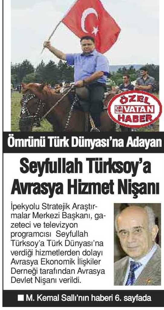 SEYFULLAH TÜRKSOYA AVRASYA HIZMET NISANI Yayın Adı :