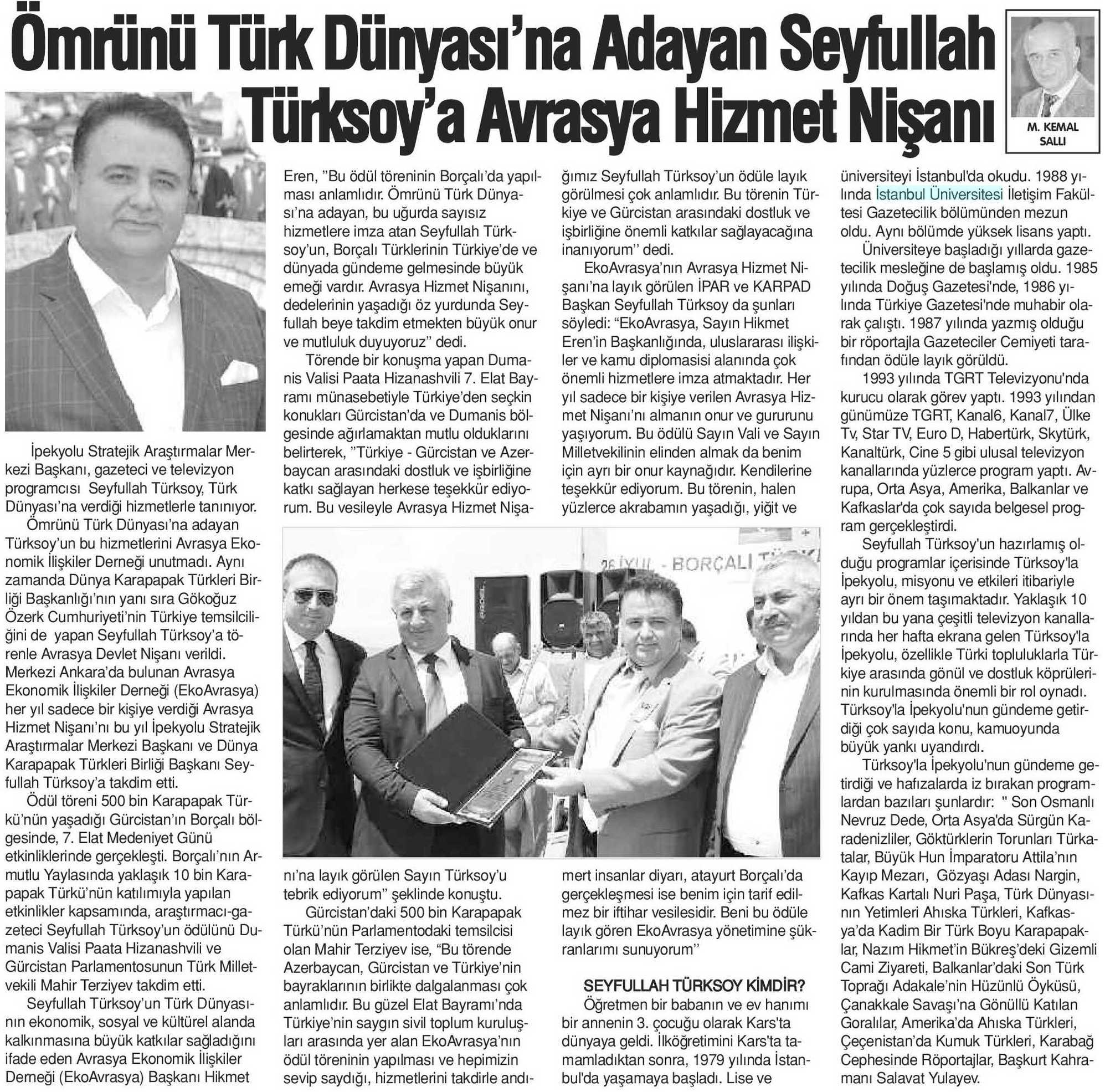 SEYFULLAH TÜRKSOYA AVRASYA HIZMET NISANI Yayın Adı :