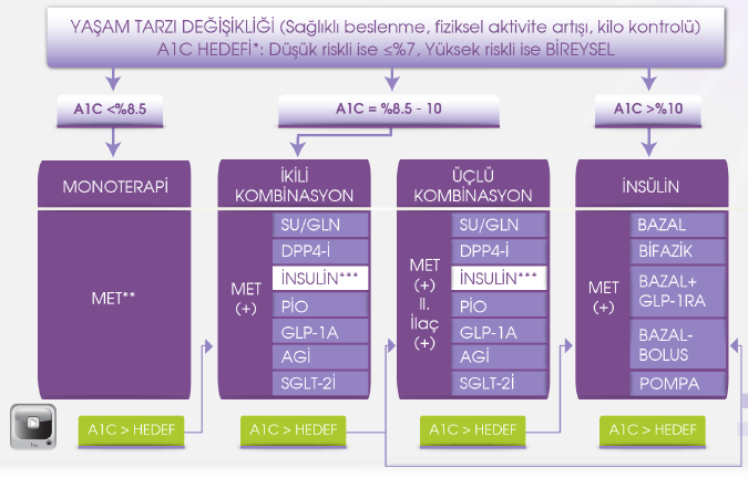 Tip 2 Diyabette Tedavi Algoritması: TEMD 2016 A1C > 8.5% için İnsülin Tedavisi düşünülmelidir *Tedavi değişikliği için A1C >%7 veya bireysel hedefin üstünde olmalı. **Monoterapide MET tercih edilir.