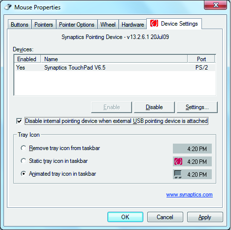 2. Üstteki Device Settings (Cihaz Ayarları)'na ve Disable internal pointing device when external USB pointing device plug in (Harici USB işaretleme cihazı