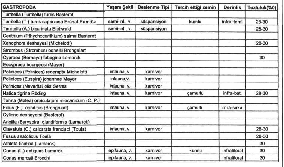 MUT-KARAMAN ARASI MİYOSEN HAVZASI Çizelge 2- Tirtar formasyonunda bulunan Gastropoda faunasının bilinen paleoekolojik özellikleri (Islamoğlu ve Atabey, 1999) (Açıklama Çizelge 1'dedir).