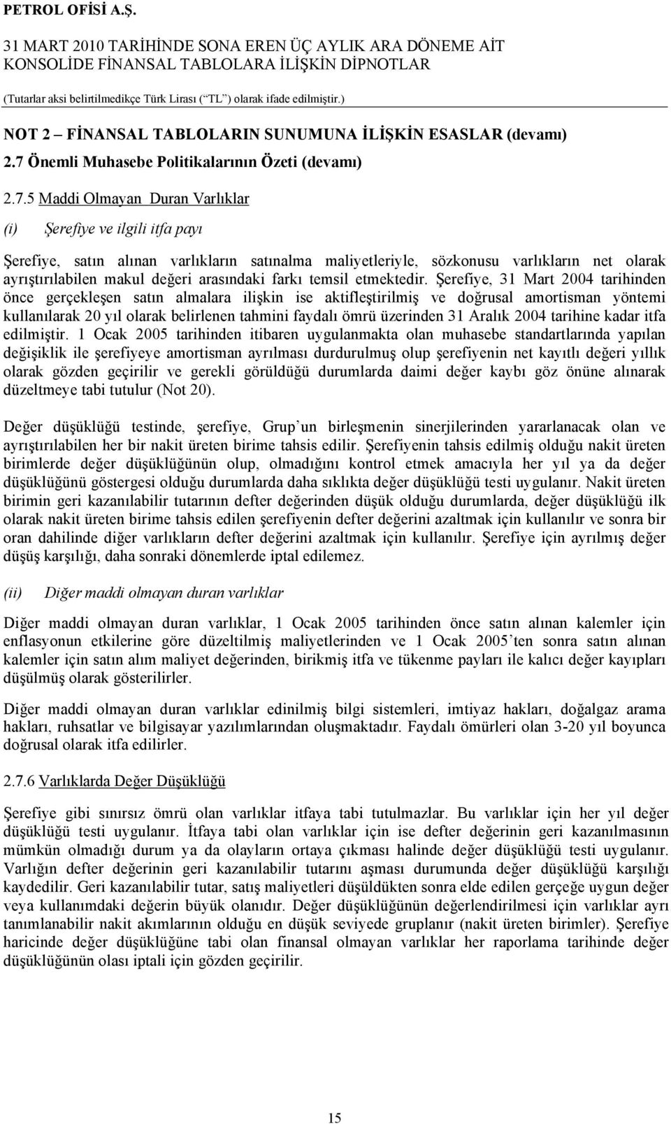 5 Maddi Olmayan Duran Varlıklar (i) Şerefiye ve ilgili itfa payı Şerefiye, satın alınan varlıkların satınalma maliyetleriyle, sözkonusu varlıkların net olarak ayrıştırılabilen makul değeri arasındaki