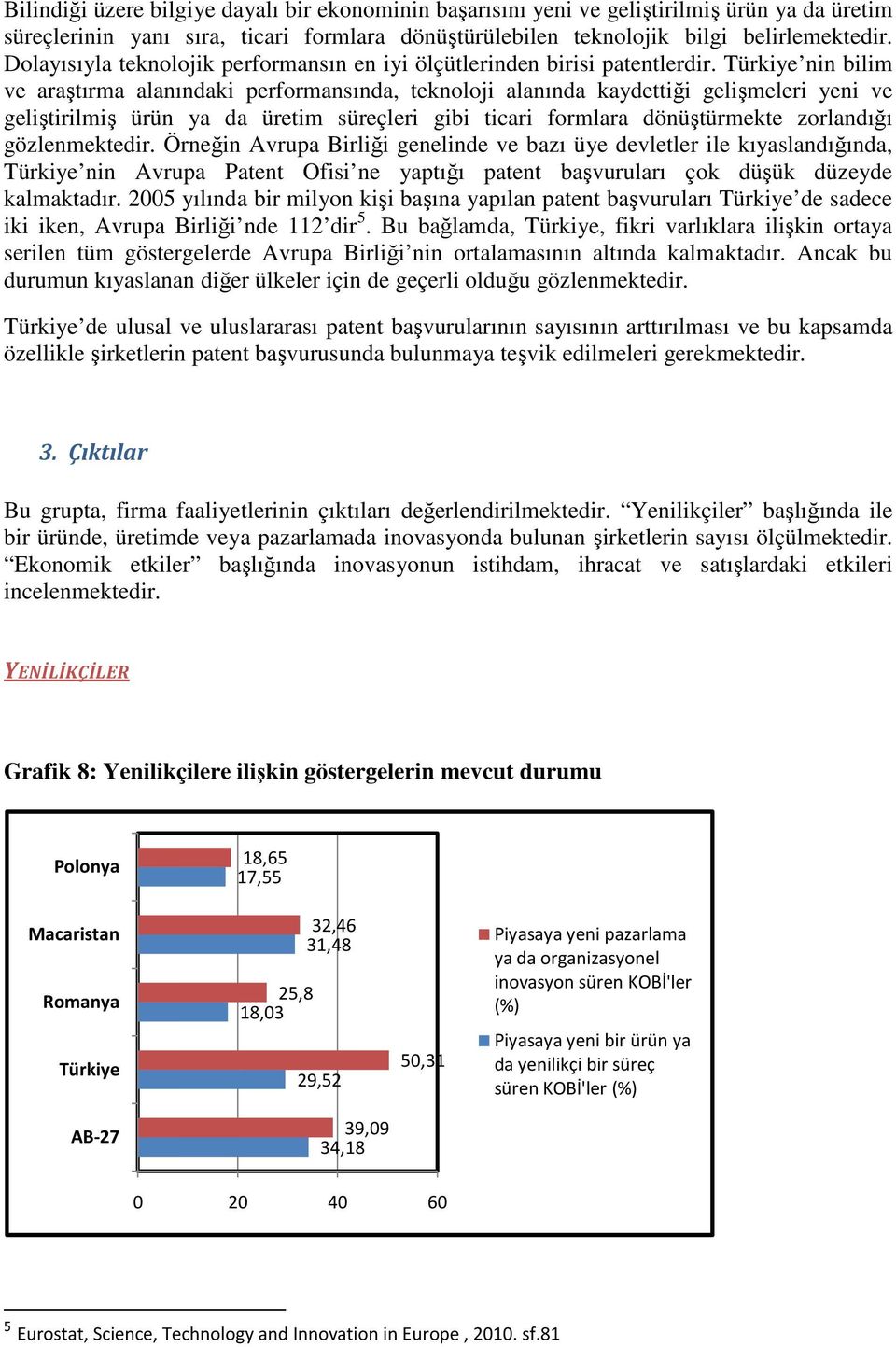 nin bilim ve araştırma alanındaki performansında, teknoloji alanında kaydettiği gelişmeleri yeni ve geliştirilmiş ürün ya da üretim süreçleri gibi ticari formlara dönüştürmekte zorlandığı