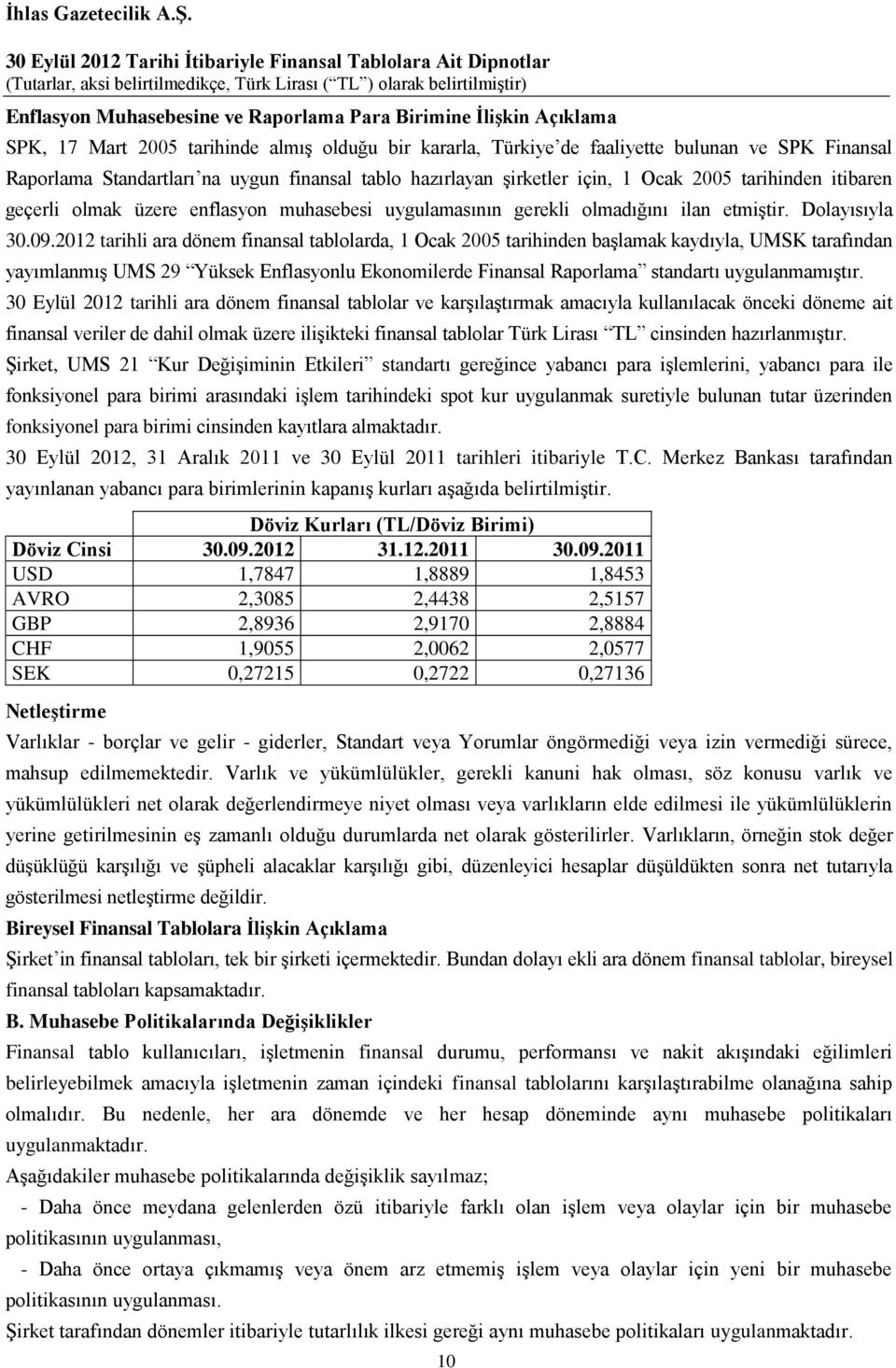 2012 tarihli ara dönem finansal tablolarda, 1 Ocak 2005 tarihinden başlamak kaydıyla, UMSK tarafından yayımlanmış UMS 29 Yüksek Enflasyonlu Ekonomilerde Finansal Raporlama standartı uygulanmamıştır.