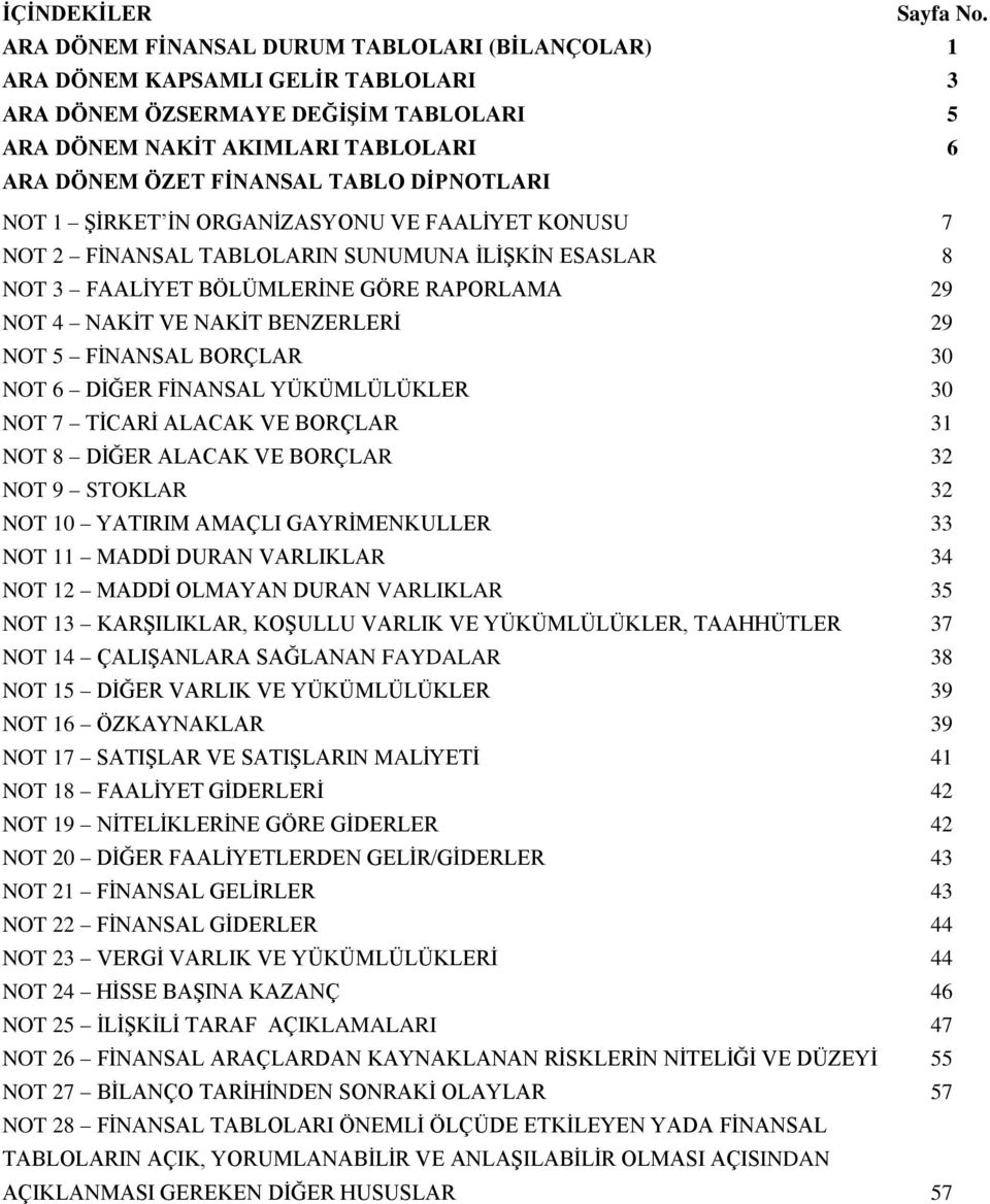 DİPNOTLARI NOT 1 ŞİRKET İN ORGANİZASYONU VE FAALİYET KONUSU 7 NOT 2 FİNANSAL TABLOLARIN SUNUMUNA İLİŞKİN ESASLAR 8 NOT 3 FAALİYET BÖLÜMLERİNE GÖRE RAPORLAMA 29 NOT 4 NAKİT VE NAKİT BENZERLERİ 29 NOT