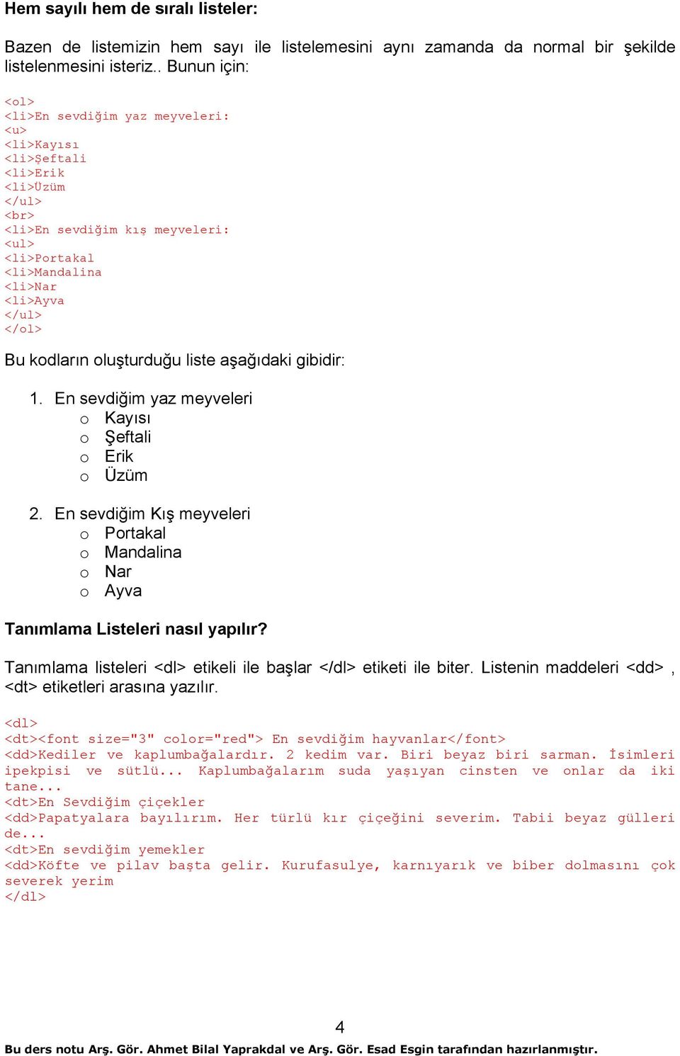 Bu kodların oluşturduğu liste aşağıdaki gibidir: 1. En sevdiğim yaz meyveleri o Kayısı o Şeftali o Erik o Üzüm 2.