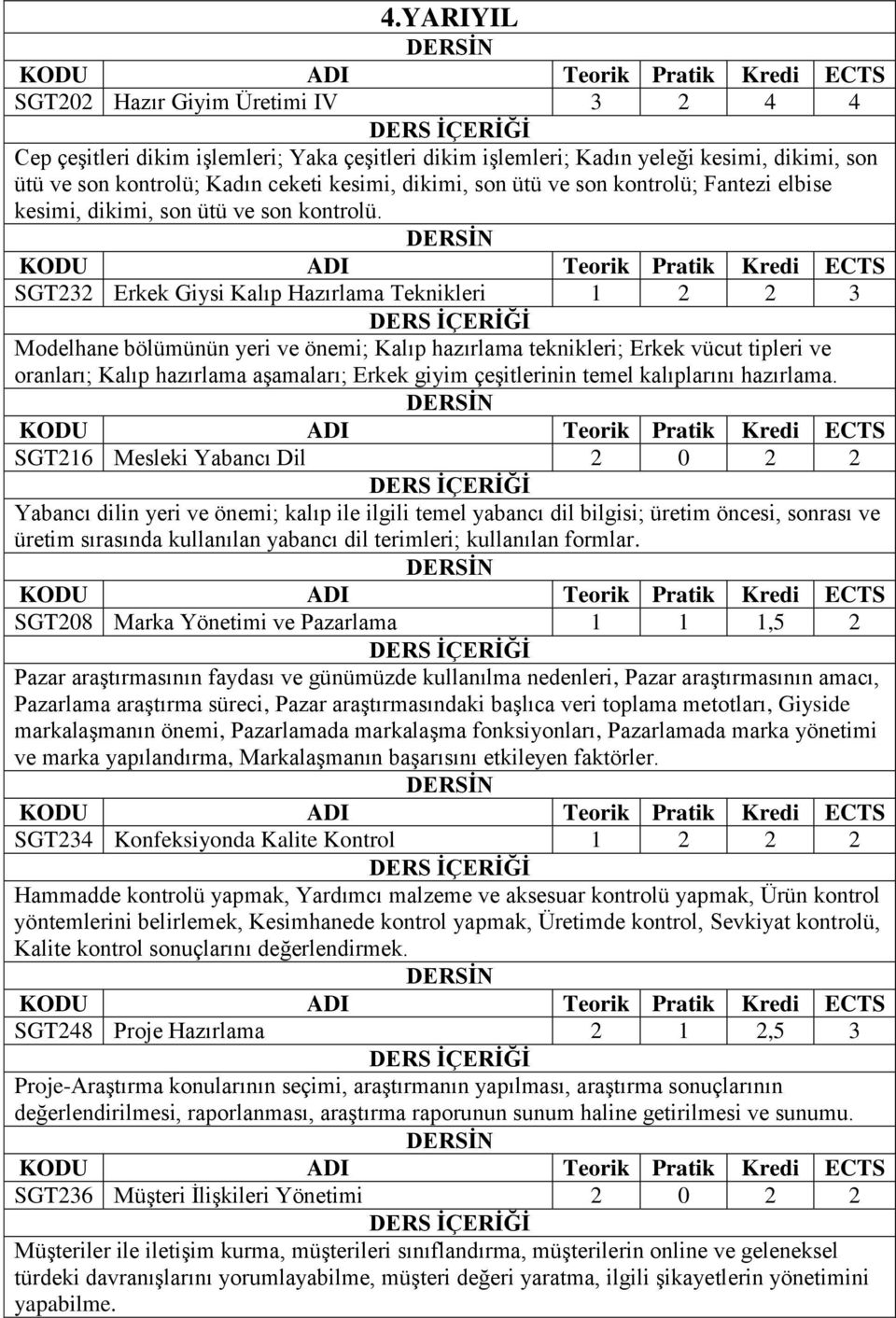 SGT232 Erkek Giysi Kalıp Hazırlama Teknikleri 1 2 2 3 Modelhane bölümünün yeri ve önemi; Kalıp hazırlama teknikleri; Erkek vücut tipleri ve oranları; Kalıp hazırlama aşamaları; Erkek giyim