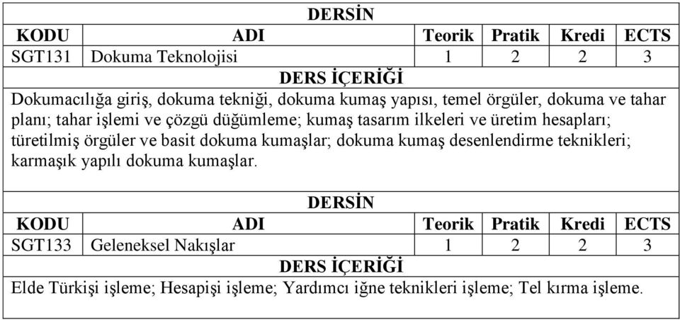 örgüler ve basit dokuma kumaşlar; dokuma kumaş desenlendirme teknikleri; karmaşık yapılı dokuma kumaşlar.