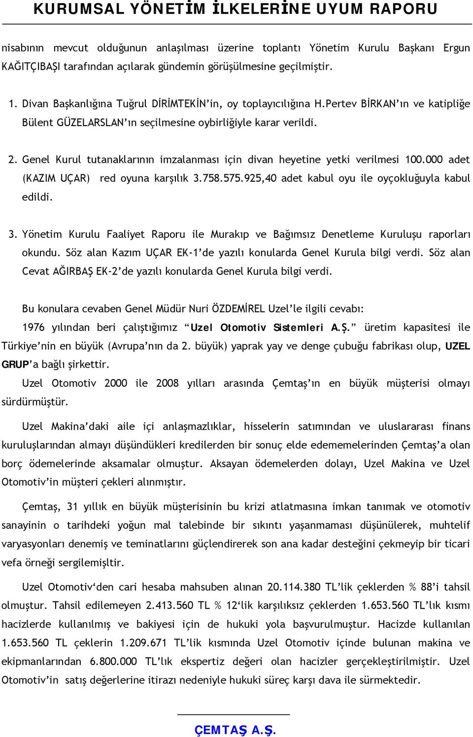 Genel Kurul tutanaklarının imzalanması için divan heyetine yetki verilmesi 100.000 adet (KAZIM UÇAR) red oyuna karşılık 3.