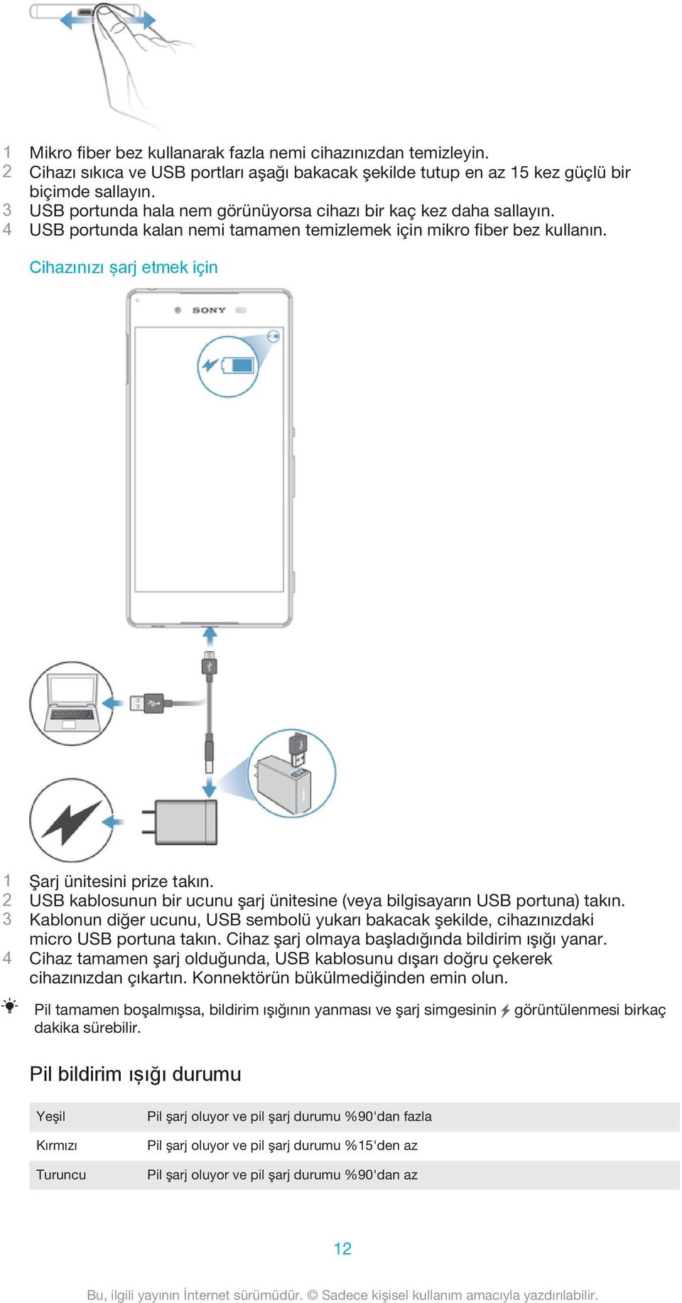 Cihazınızı şarj etmek için 1 Şarj ünitesini prize takın. 2 USB kablosunun bir ucunu şarj ünitesine (veya bilgisayarın USB portuna) takın.