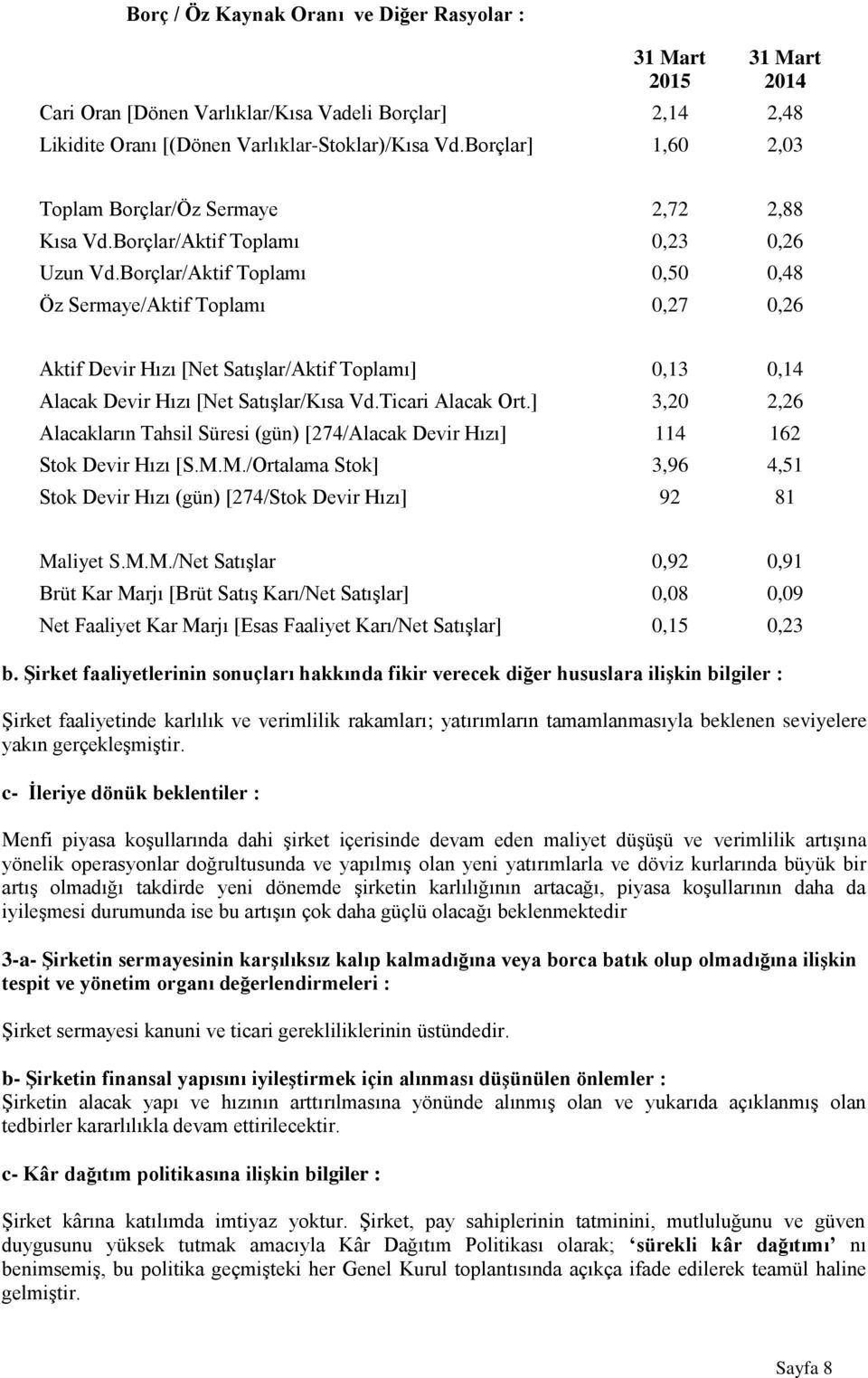 Borçlar/Aktif Toplamı 0,50 0,48 Öz Sermaye/Aktif Toplamı 0,27 0,26 Aktif Devir Hızı [Net Satışlar/Aktif Toplamı] 0,13 0,14 Alacak Devir Hızı [Net Satışlar/Kısa Vd.Ticari Alacak Ort.