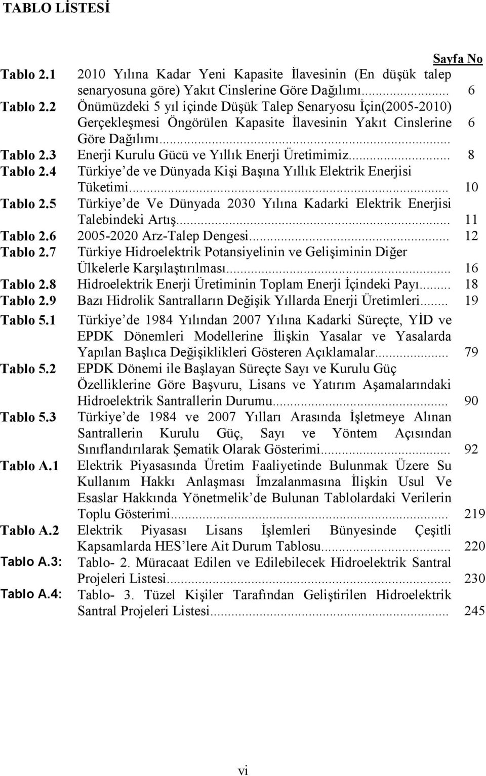 .. 8 Tablo 2.4 Türkiye de ve Dünyada Ki i Ba na Yllk Elektrik Enerjisi Tüketimi... 10 Tablo 2.5 Türkiye de Ve Dünyada 2030 Ylna Kadarki Elektrik Enerjisi Talebindeki Art... 11 Tablo 2.