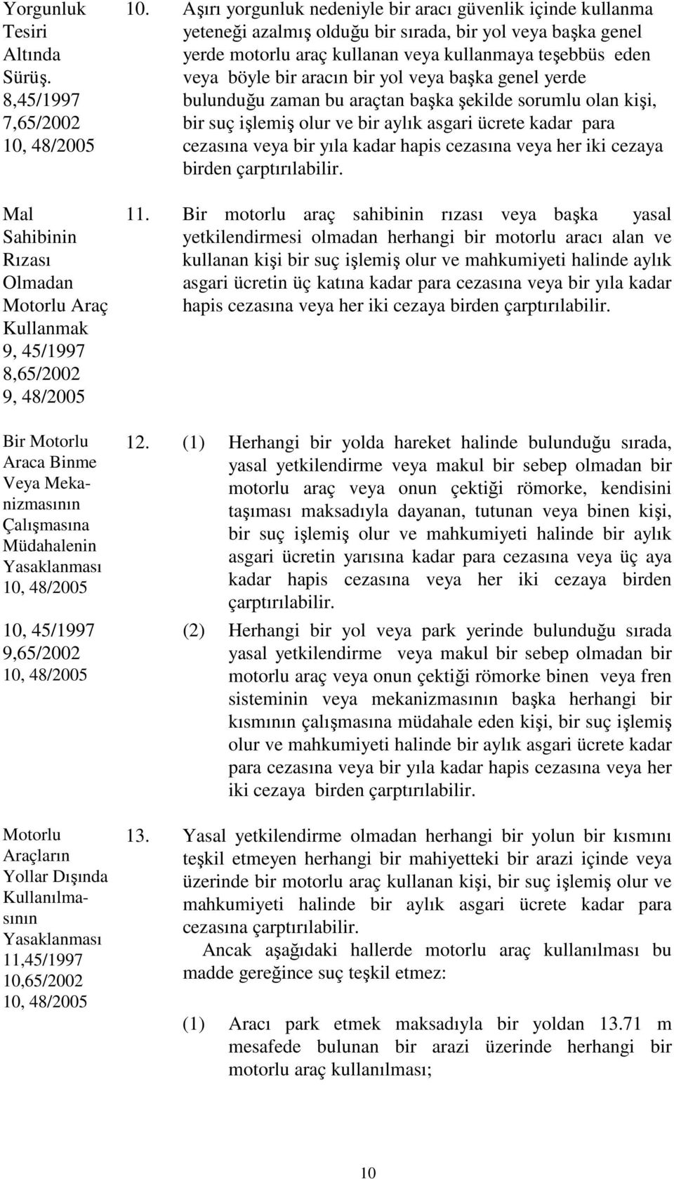 10, 48/2005 10, 45/1997 9,65/2002 10, 48/2005 Motorlu Araçların Yollar Dışında Kullanılmasının Yasaklanması 11,45/1997 10,65/2002 10, 48/2005 10.