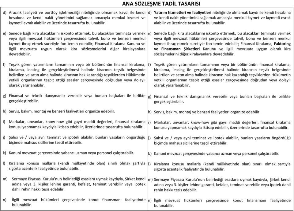 e) Senede bağlı kira alacaklarını iskonto ettirmek, bu alacakları teminata vermek veya ilgili mevzuat hükümleri çerçevesinde tahvil, bono ve benzeri menkul kıymet ihraç etmek suretiyle fon temin