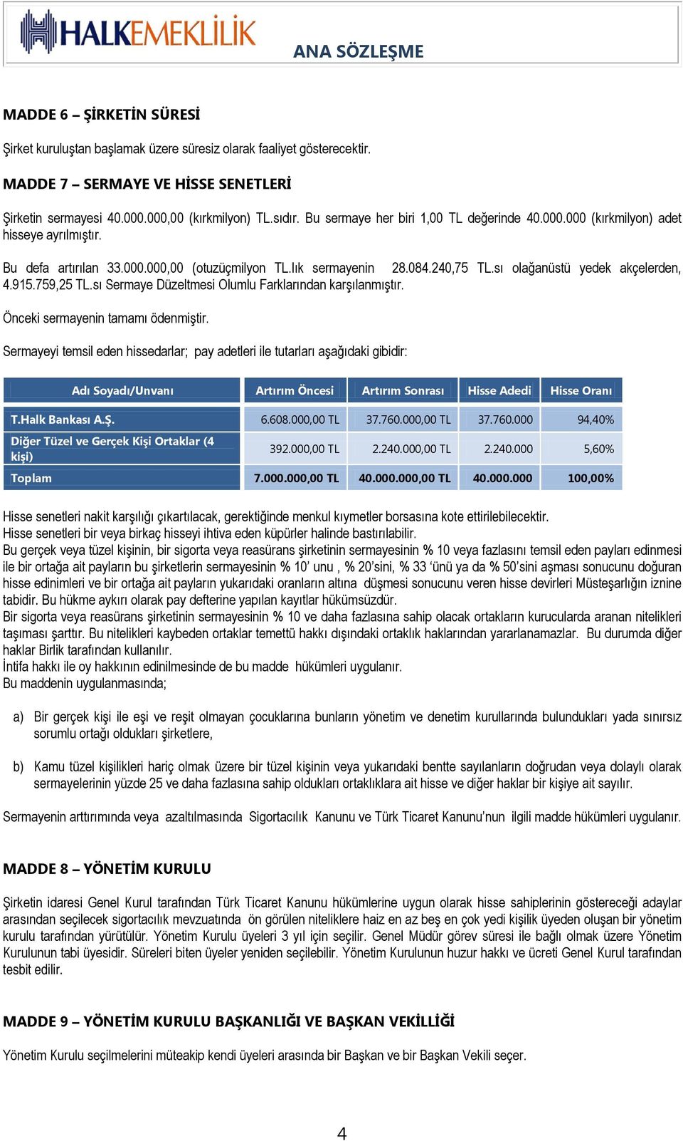 sı olağanüstü yedek akçelerden, 4.915.759,25 TL.sı Sermaye Düzeltmesi Olumlu Farklarından karşılanmıştır. Önceki sermayenin tamamı ödenmiştir.