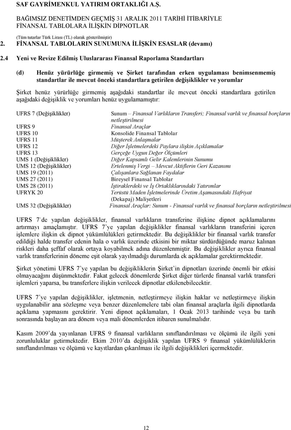 getirilen değişiklikler ve yorumlar Şirket henüz yürürlüğe girmemiş aşağıdaki standartlar ile mevcut önceki standartlara getirilen aşağıdaki değişiklik ve yorumları henüz uygulamamıştır: UFRS 7