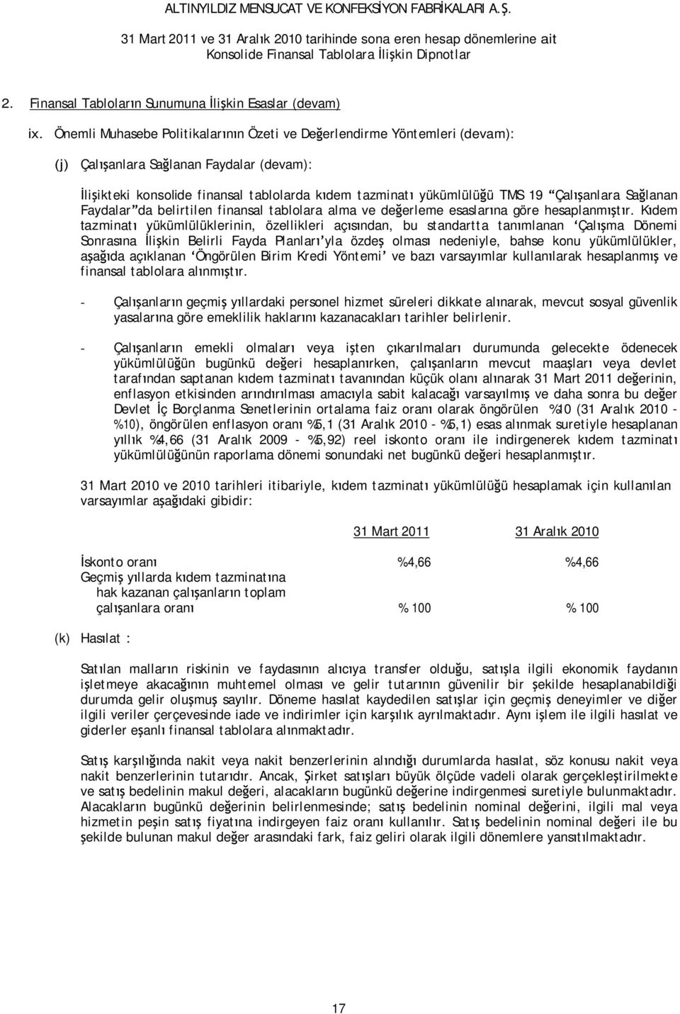 anlara Sa lanan Faydalar da belirtilen finansal tablolara alma ve de erleme esaslar na göre hesaplanm t r.