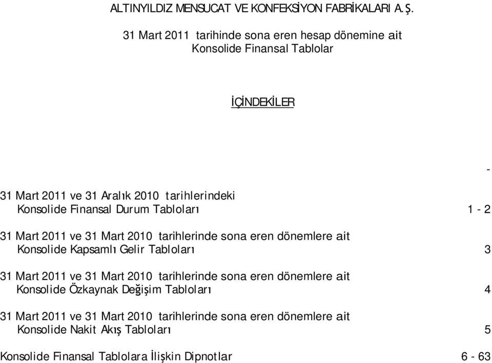 Kapsaml Gelir Tablolar 3 31 Mart 2011 ve 31 Mart 2010 tarihlerinde sona eren dönemlere ait Konsolide Özkaynak De i im Tablolar 4 31