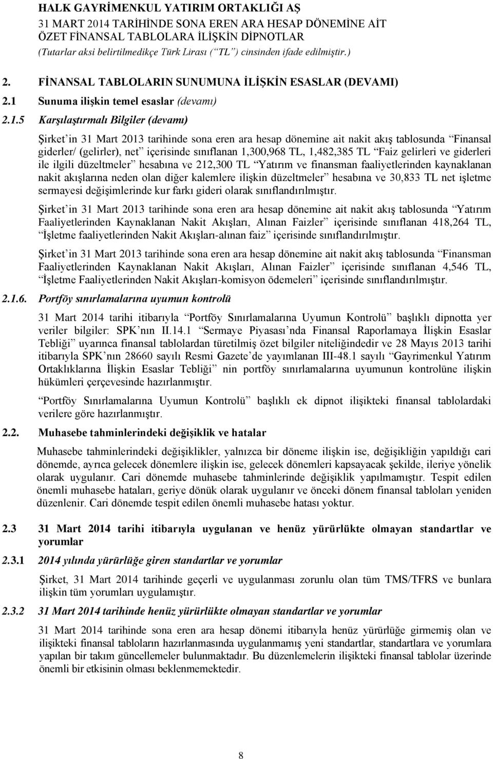 5 Karşılaştırmalı Bilgiler (devamı) Şirket in 31 Mart 2013 tarihinde sona eren ara hesap dönemine ait nakit akış tablosunda Finansal giderler/ (gelirler), net içerisinde sınıflanan 1,300,968 TL,