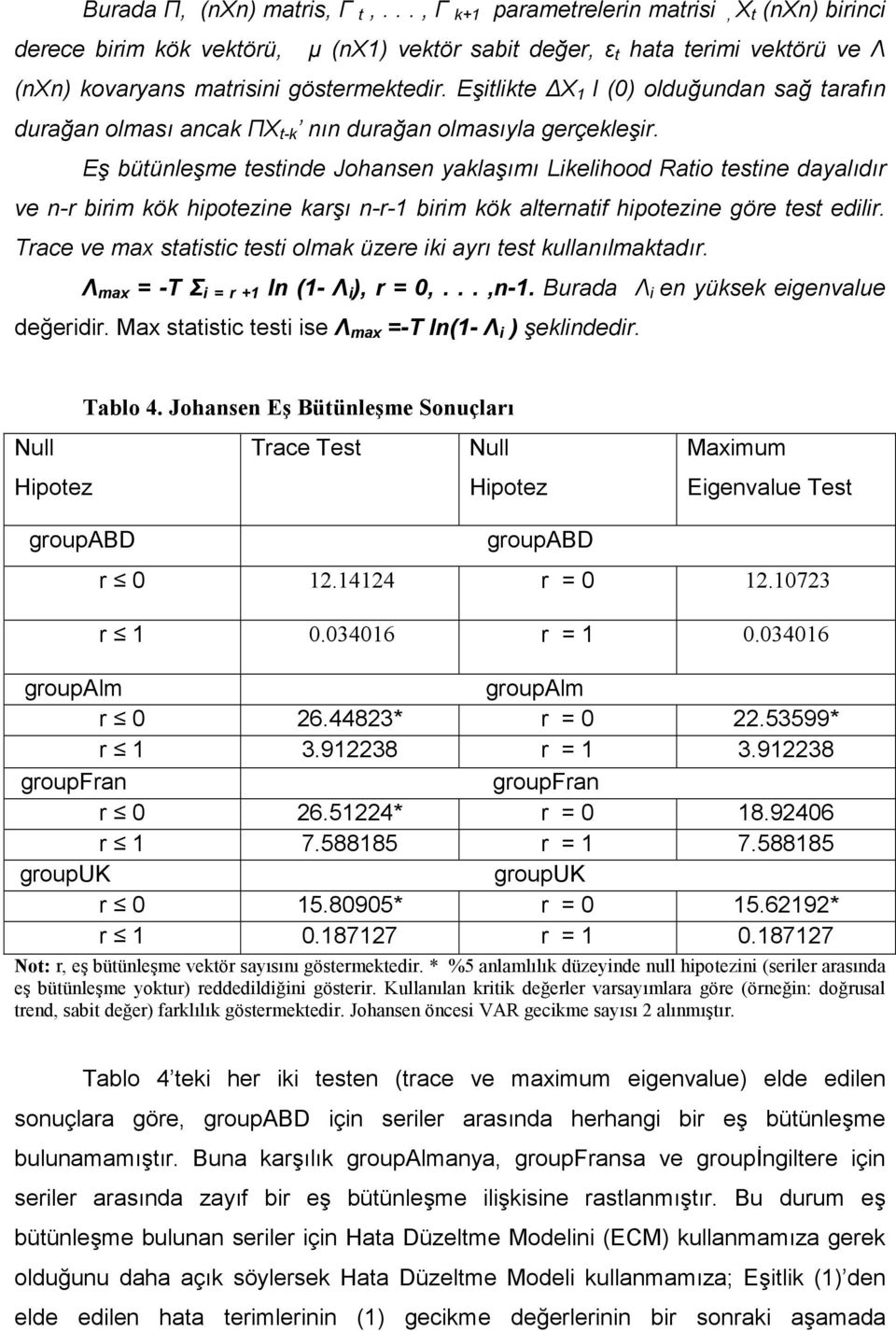 E büünleme esinde Johansen yakla5m5 Likelihood Raio esine dayal5d5r ve n-r birim kök hipoezine kar5 n-r-1 birim kök alernaif hipoezine göre es edilir.