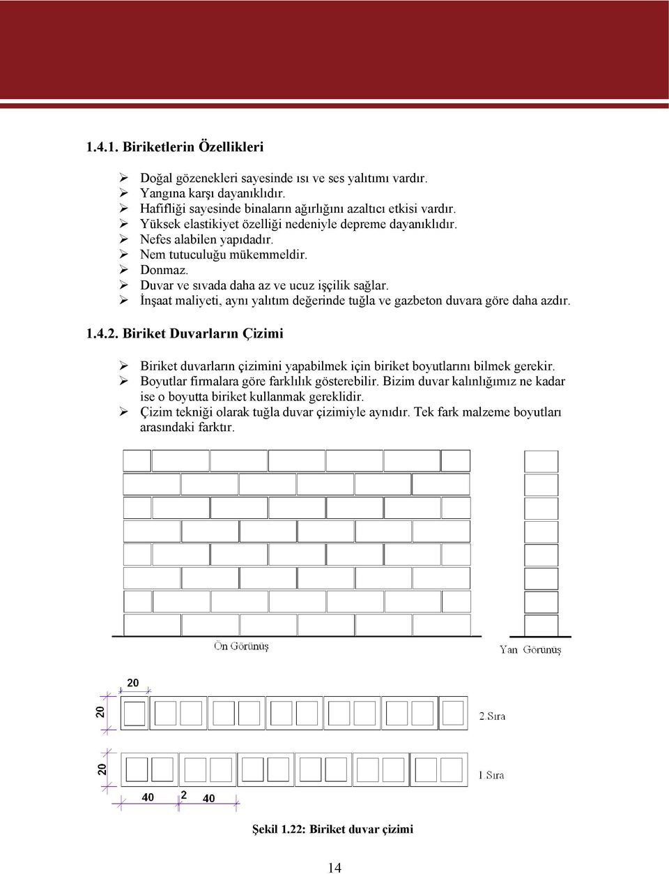 İnşaat maliyeti, aynı yalıtım değerinde tuğla ve gazbeton duvara göre daha azdır. 1.4.2. Biriket Duvarların Çizimi Biriket duvarların çizimini yapabilmek için biriket boyutlarını bilmek gerekir.