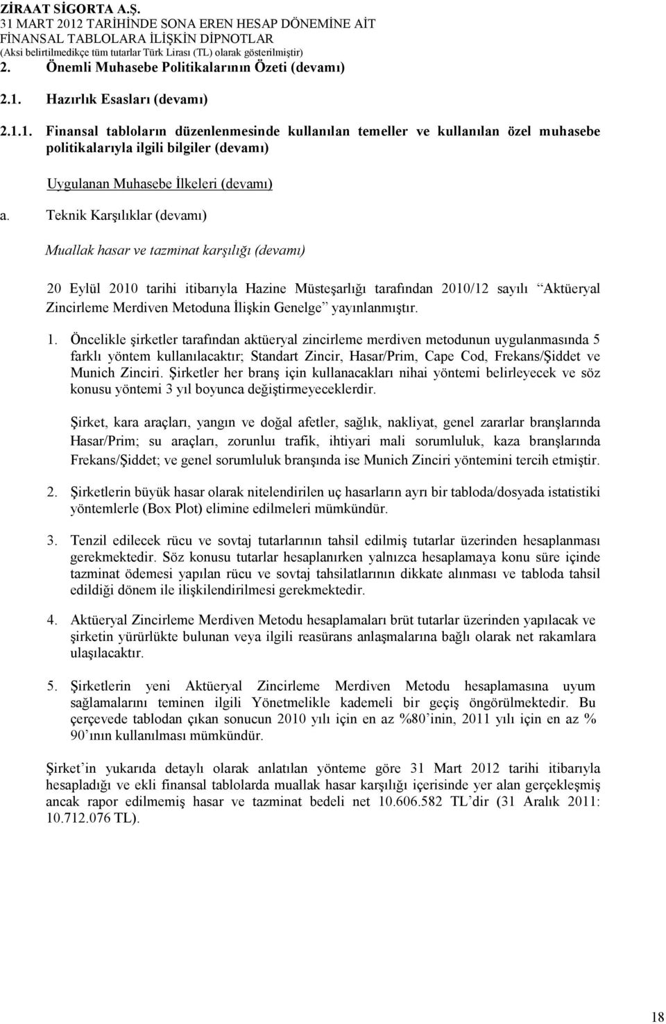 Teknik Karşılıklar (devamı) Muallak hasar ve tazminat karşılığı (devamı) 20 Eylül 2010 tarihi itibarıyla Hazine Müsteşarlığı tarafından 2010/12 sayılı Aktüeryal Zincirleme Merdiven Metoduna Đlişkin