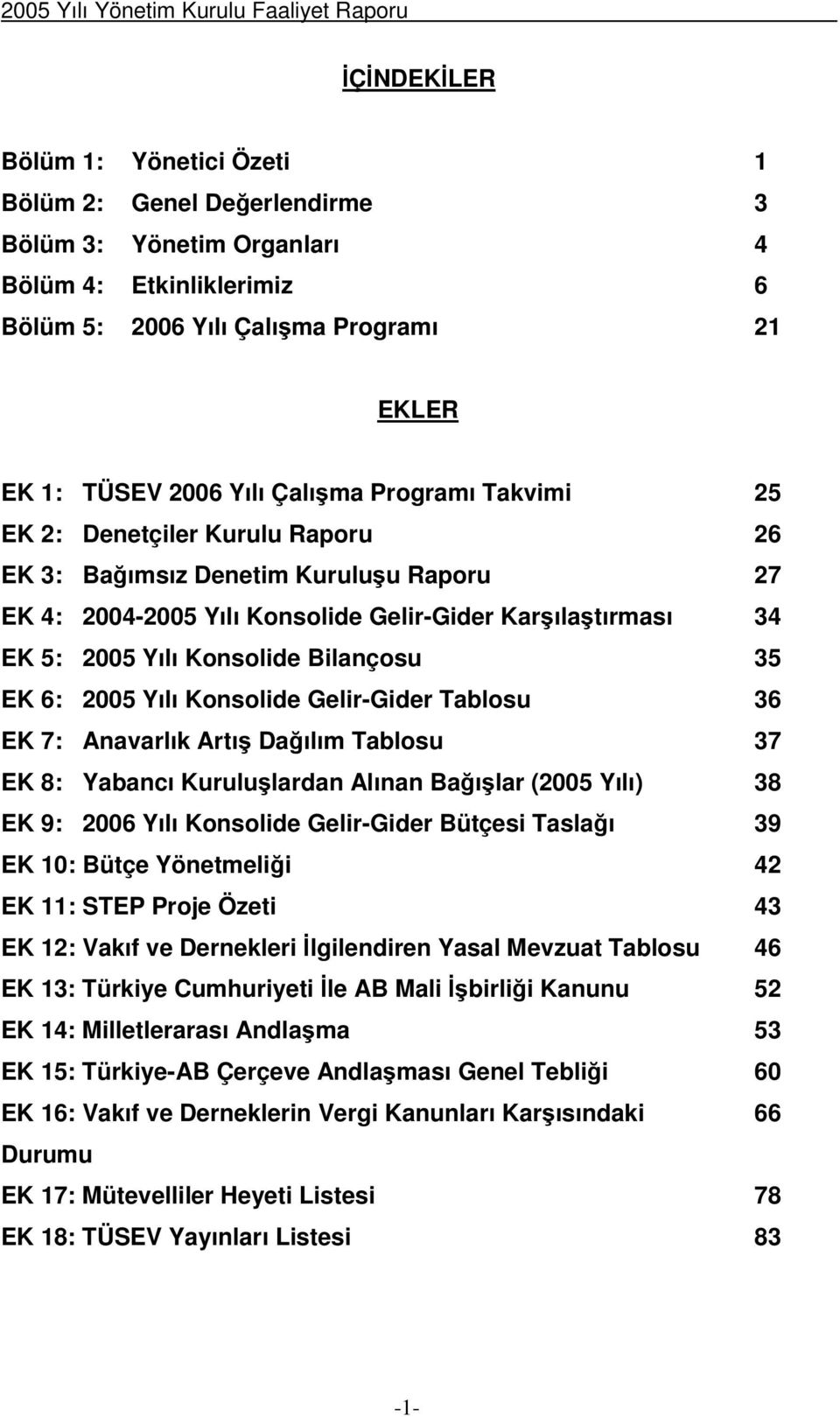 2005 Yılı Konsolide Gelir-Gider Tablosu 36 EK 7: Anavarlık Artı Daılım Tablosu 37 EK 8: Yabancı Kurululardan Alınan Baılar (2005 Yılı) 38 EK 9: 2006 Yılı Konsolide Gelir-Gider Bütçesi Taslaı 39 EK