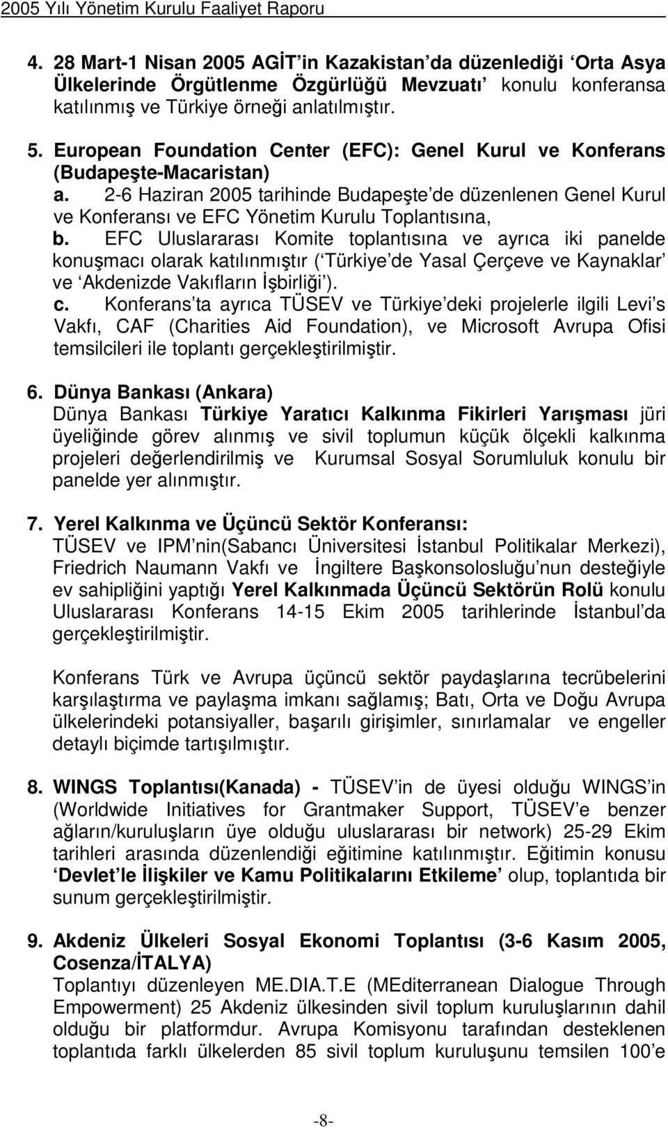 EFC Uluslararası Komite toplantısına ve ayrıca iki panelde konumacı olarak katılınmıtır ( Türkiye de Yasal Çerçeve ve Kaynaklar ve Akdenizde Vakıfların birlii ). c.