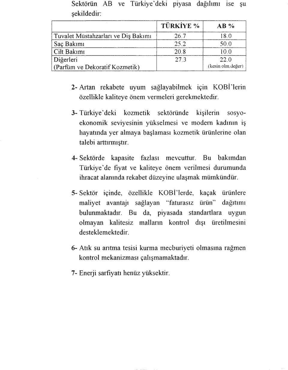 3- Türkiye' deki kazınetik sektöıünde kişilerin sosyoekonomik seviyesinin yükselmesi ve modern kadının hayatında yer almaya başlaması kozmetik ürünlerine olan talebi aıttıımıştır.