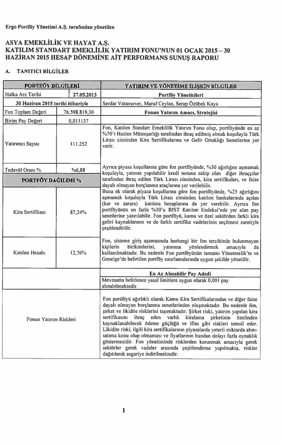 2013 Portröy Yöneticileri 30 Haziran 2015 tarihi itibariyle Serdar Vatansever, Maruf Ceylan, Serap Özübek Kaya Fon Toplam Değeri 76.598.