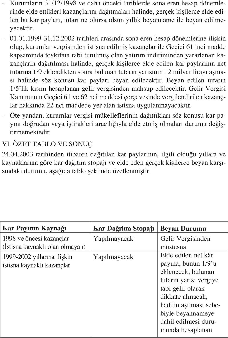 2002 tarihleri aras nda sona eren hesap dönemlerine iliflkin olup, kurumlar vergisinden istisna edilmifl kazançlar ile Geçici 61 inci madde kapsam nda tevkifata tabi tutulmufl olan yat r m