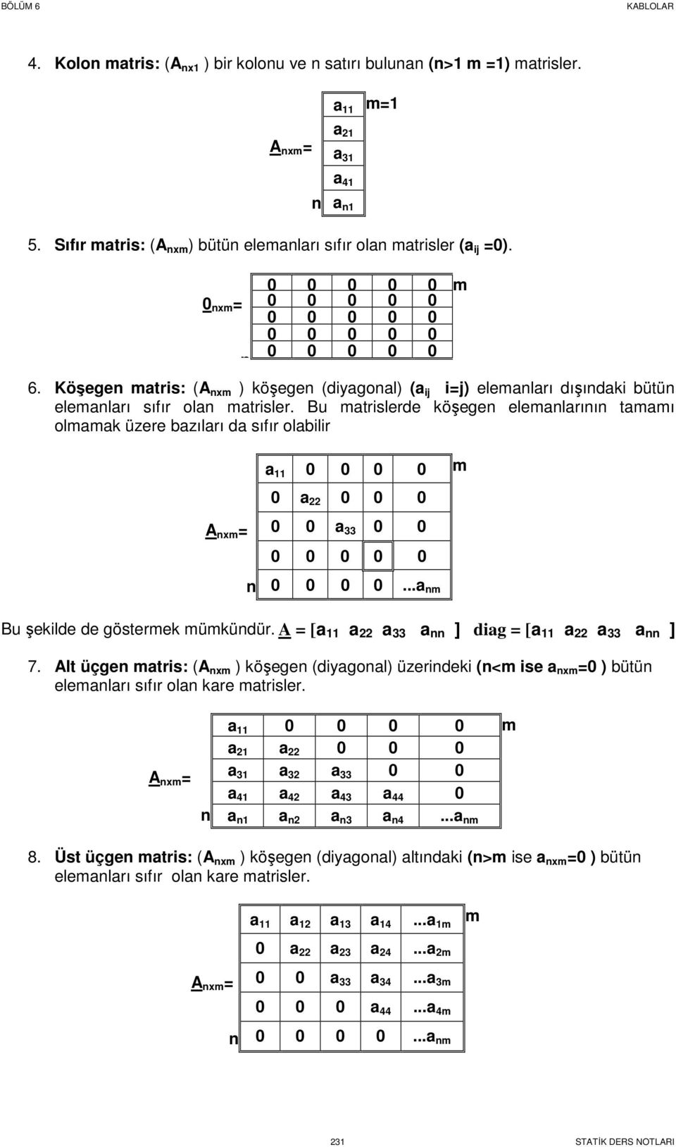 u mtrislerde köşegen elemnlrının tmmı lmmk üzere zılrı d sıfır lilir m nm m n... nm u şekilde de göstermek mümkündür. [ nn ] dig [ nn ] 7.
