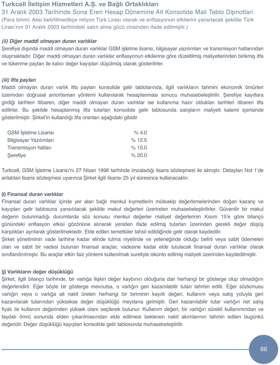 (iii) tfa paylar Maddi olmayan duran varlık itfa payları konsolide gelir tablolarında, ilgili varlıkların tahmini ekonomik ömürleri üzerinden doğrusal amortisman yöntemi kullanılarak hesaplanması