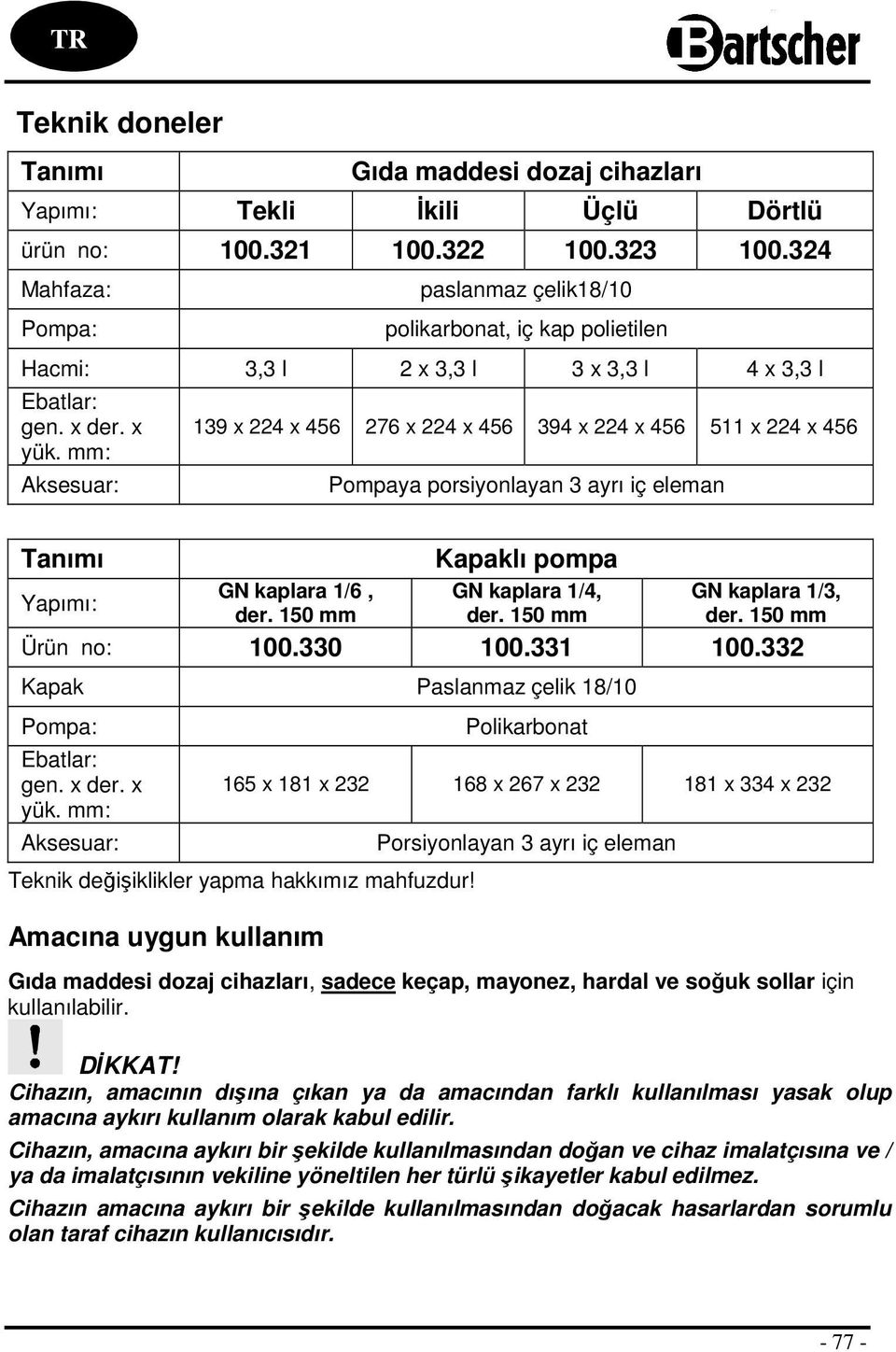 mm: Aksesuar: 139 x 224 x 456 276 x 224 x 456 394 x 224 x 456 511 x 224 x 456 Pompaya porsiyonlayan 3 ayrı iç eleman Tanımı Yapımı: GN kaplara 1/6, der. 150 mm Kapaklı pompa GN kaplara 1/4, der.