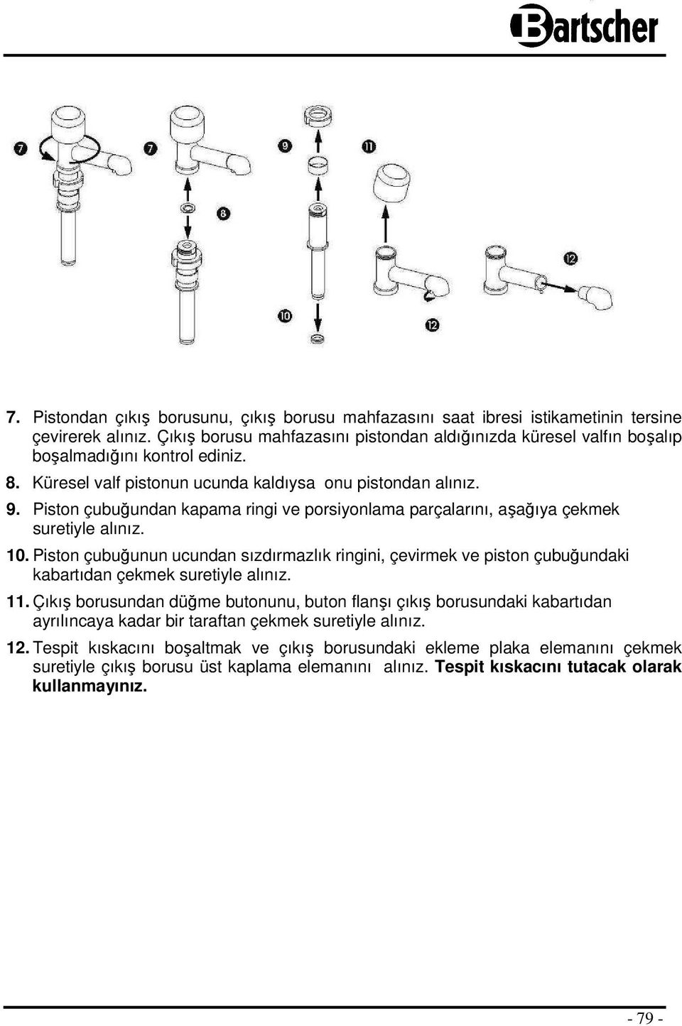 Piston çubuğundan kapama ringi ve porsiyonlama parçalarını, aşağıya çekmek suretiyle alınız. 10.