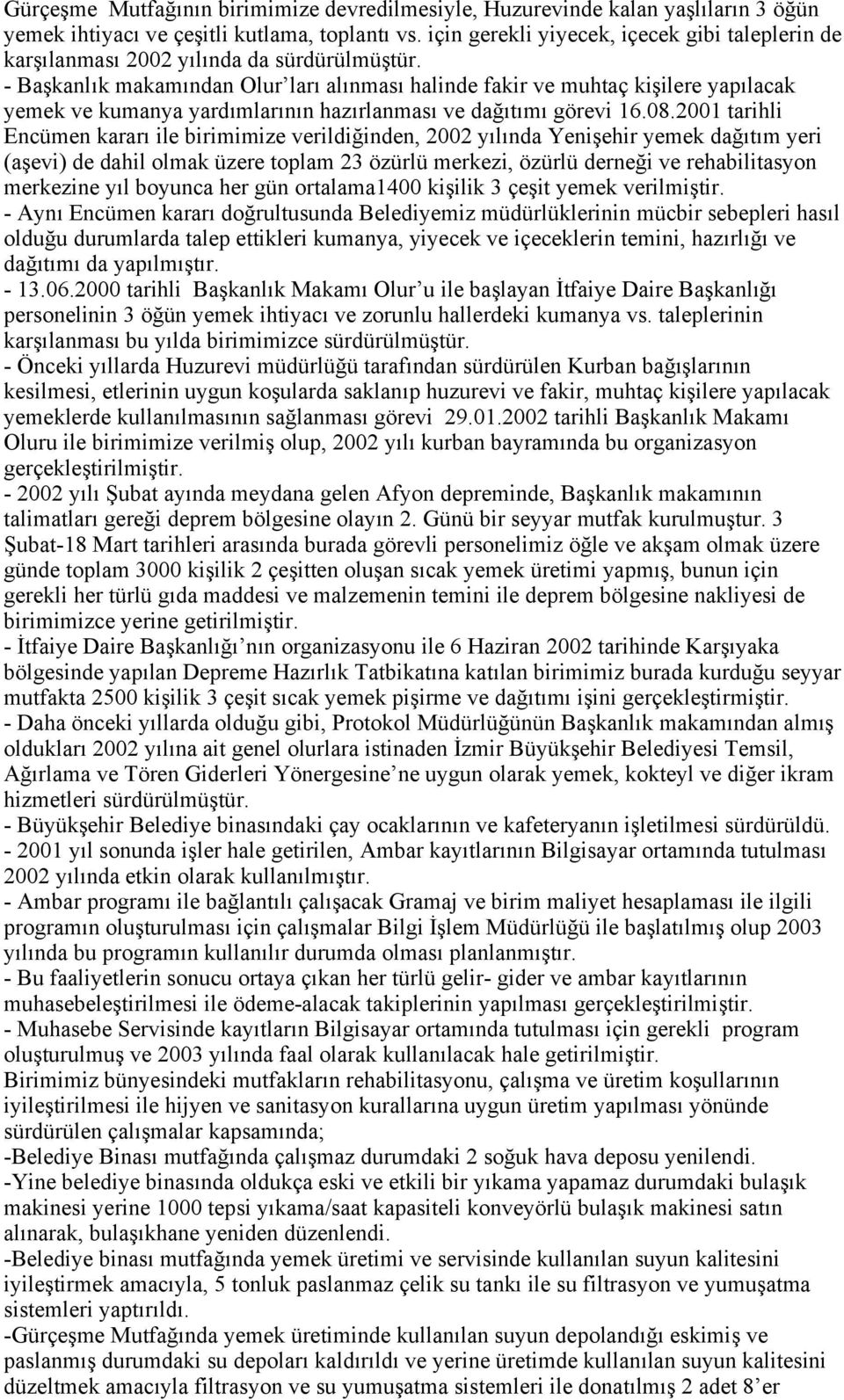 - Başkanlık makamından Olur ları alınması halinde fakir ve muhtaç kişilere yapılacak yemek ve kumanya yardımlarının hazırlanması ve dağıtımı görevi 16.08.