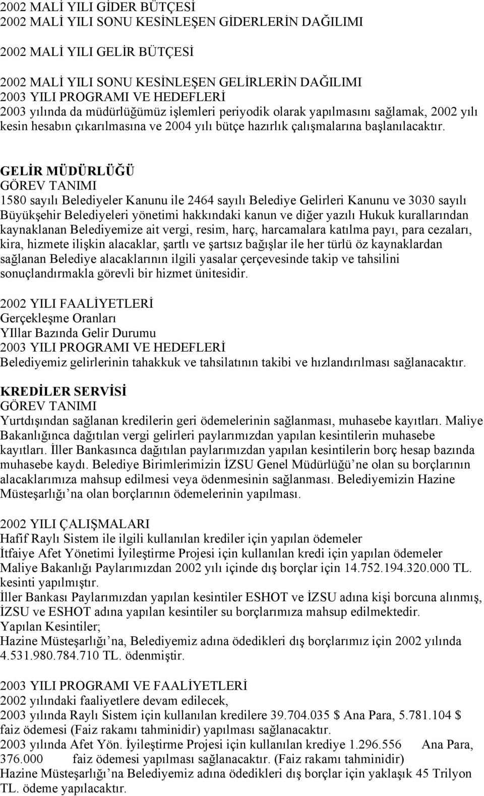 GELİR MÜDÜRLÜĞÜ 1580 sayılı Belediyeler Kanunu ile 2464 sayılı Belediye Gelirleri Kanunu ve 3030 sayılı Büyükşehir Belediyeleri yönetimi hakkındaki kanun ve diğer yazılı Hukuk kurallarından