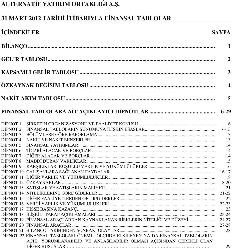 .. 6-13 DİPNOT 3 BÖLÜMLERE GÖRE RAPORLAMA... 13 DİPNOT 4 NAKİT VE NAKİT BENZERLERİ... 13 DİPNOT 5 FİNANSAL YATIRIMLAR... 14 DİPNOT 6 TİCARİ ALACAK VE BORÇLAR... 14 DİPNOT 7 DİĞER ALACAK VE BORÇLAR.