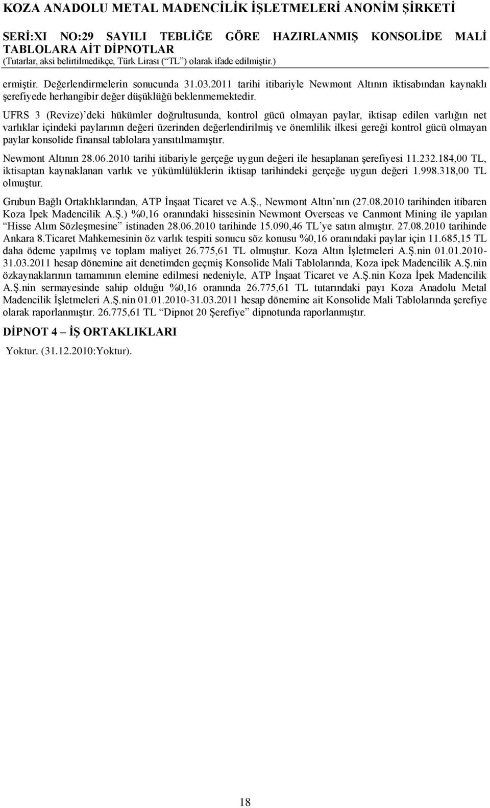 kontrol gücü olmayan paylar konsolide finansal tablolara yansıtılmamıģtır. Newmont Altının 28.06.2010 tarihi itibariyle gerçeğe uygun değeri ile hesaplanan Ģerefiyesi 11.232.