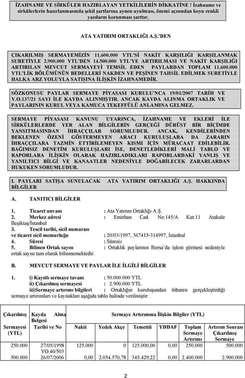 000 'YE ARTIRILMASI VE NAKİT KARŞILIĞI ARTIRILAN MEVCUT SERMAYEYİ TEMSİL EDEN PAYLARDAN TOPLAM 11.600.