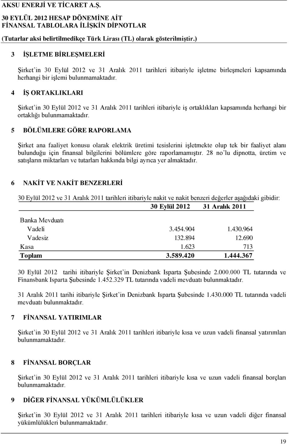 5 BÖLÜMLERE GÖRE RAPORLAMA Şirket ana faaliyet konusu olarak elektrik üretimi tesislerini işletmekte olup tek bir faaliyet alanı bulunduğu için finansal bilgilerini bölümlere göre raporlamamıştır.