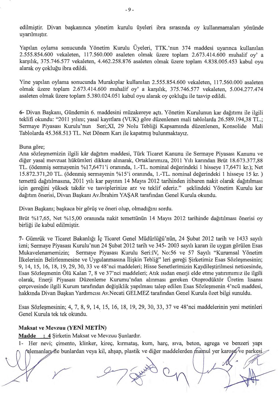 453 kabul oyu alarak oy c;oklugu ibra edildi. Yine yapllan oylama sonucunda Muraklplar kullanllan 2.555.854.600 vekaleten, 117.560.000 asaleten olmak iizere toplam 2.673.414.