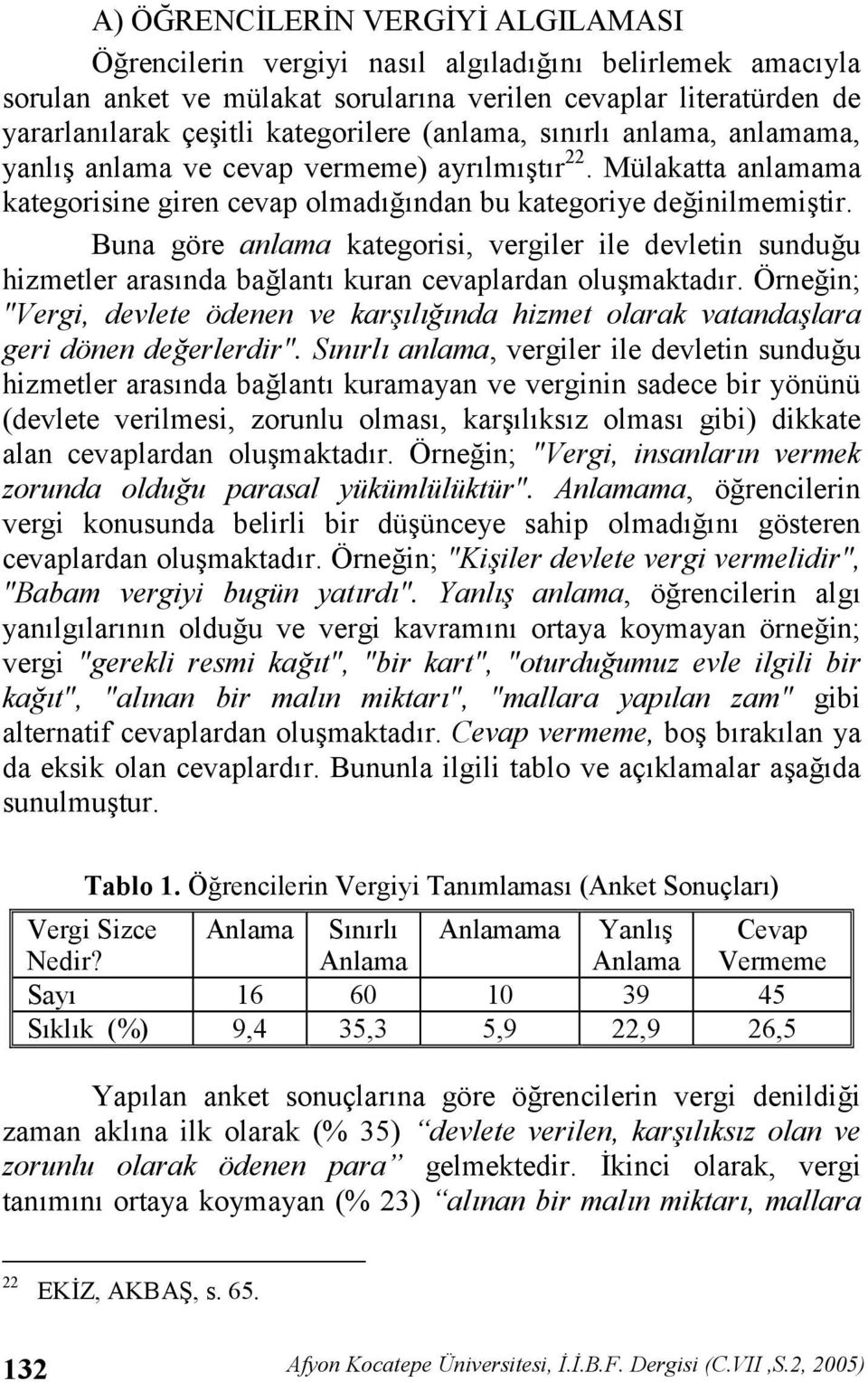 Buna göre anlama kategorisi, vergiler ile devletin sunduu hizmetler arasnda balant kuran cevaplardan olumaktadr. Örnein; "Vergi, devlete ödenen ve kar.3l3+3nda hizmet olarak vatanda.