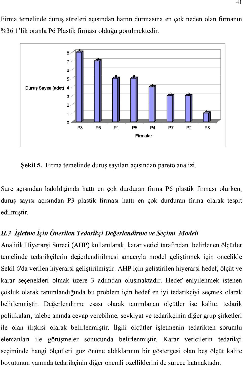 Süre açısından bakıldığında hattı en çok durduran firma P6 plastik firması olurken, duruş sayısı açısından P3 plastik firması hattı en çok durduran firma olarak tespit edilmiştir. II.