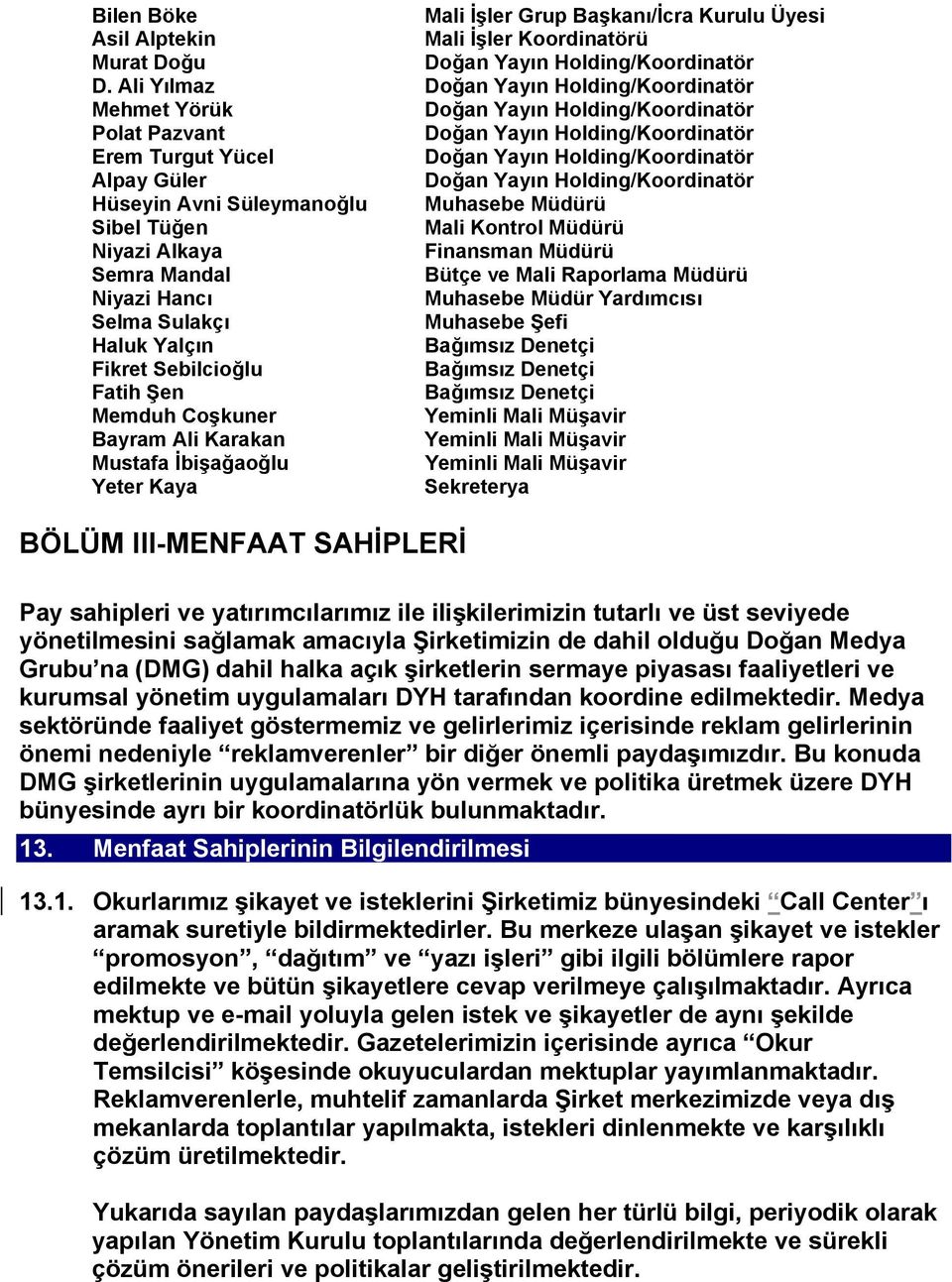 Doğan Yayın Holding/Koordinatör Hüseyin Avni Süleymanoğlu Muhasebe Müdürü Sibel Tüğen Mali Kontrol Müdürü Niyazi Alkaya Finansman Müdürü Semra Mandal Bütçe ve Mali Raporlama Müdürü Niyazi Hancı