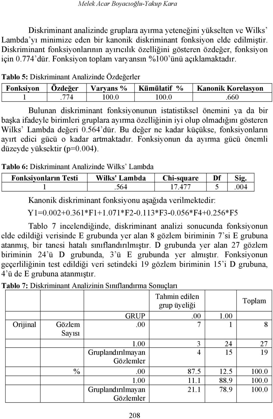 Tablo 5: Diskriminant Analizinde Özdeğerler Fonksiyon Özdeğer Varyans % Kümülatif % Kanonik Korelasyon 1.774 100