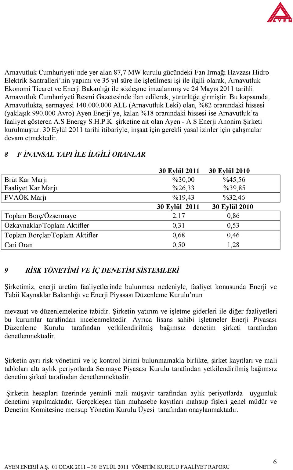 000 ALL (Arnavutluk Leki) olan, %82 oranındaki hissesi (yaklaşık 990.000 Avro) Ayen Enerji ye, kalan %18 oranındaki hissesi ise Arnavutluk ta faaliyet gösteren A.S Energy S.H.P.K.